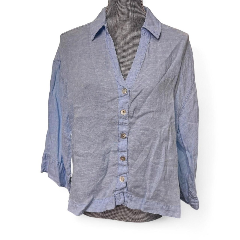 Calypso Women's M Blue 100% Linen Button Front Shirt Coastal Resortwear Summer - Picture 2 of 8